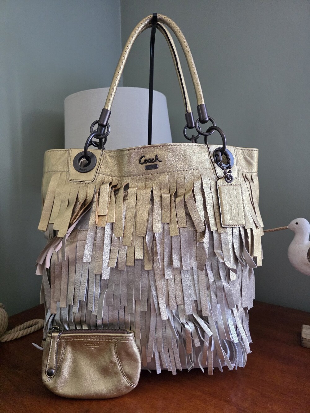 Coach 13123 Madison XL Fringe Tote Gold Metallic Leather Goat Suede Bag Pouch